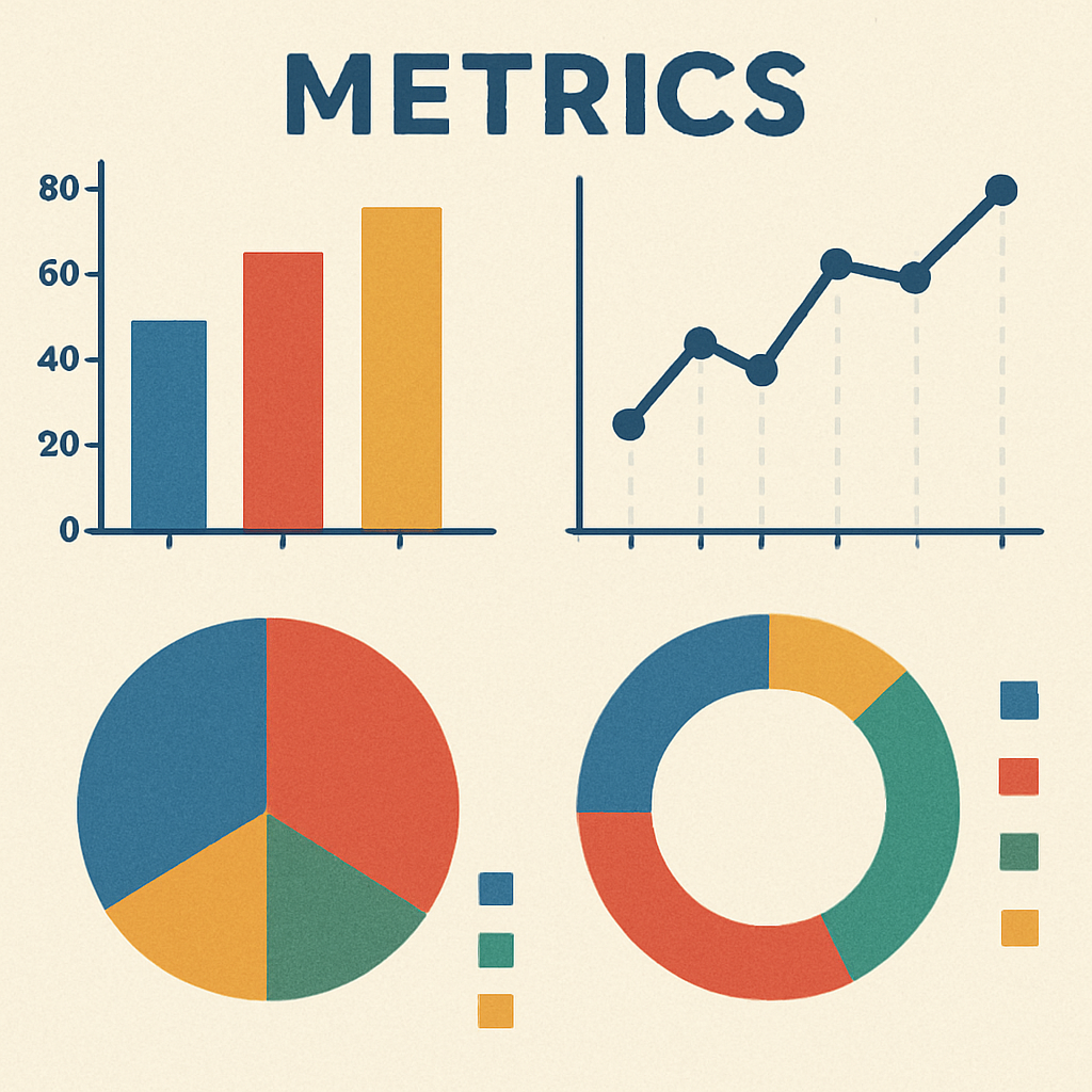 "Metrics" dashboard illustration featuring bar, line, and pie charts used to evaluate digital marketing performance.